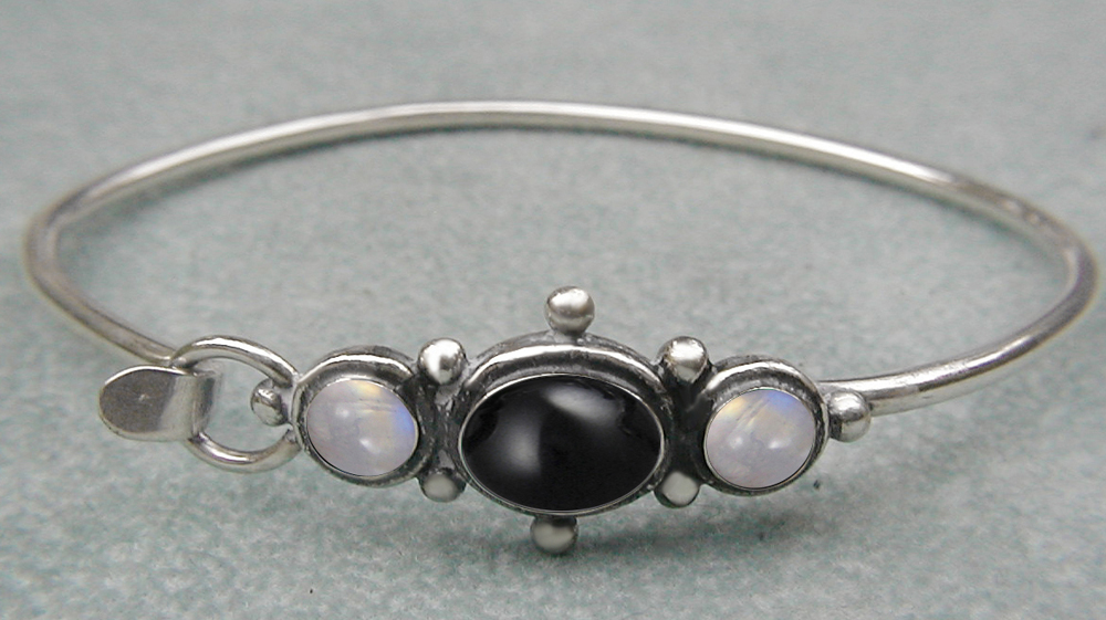 Sterling Silver Victorian Inspired Strap Latch Spring Hook Bangle Bracelet with Black Onyx And Rainbow Moonstone